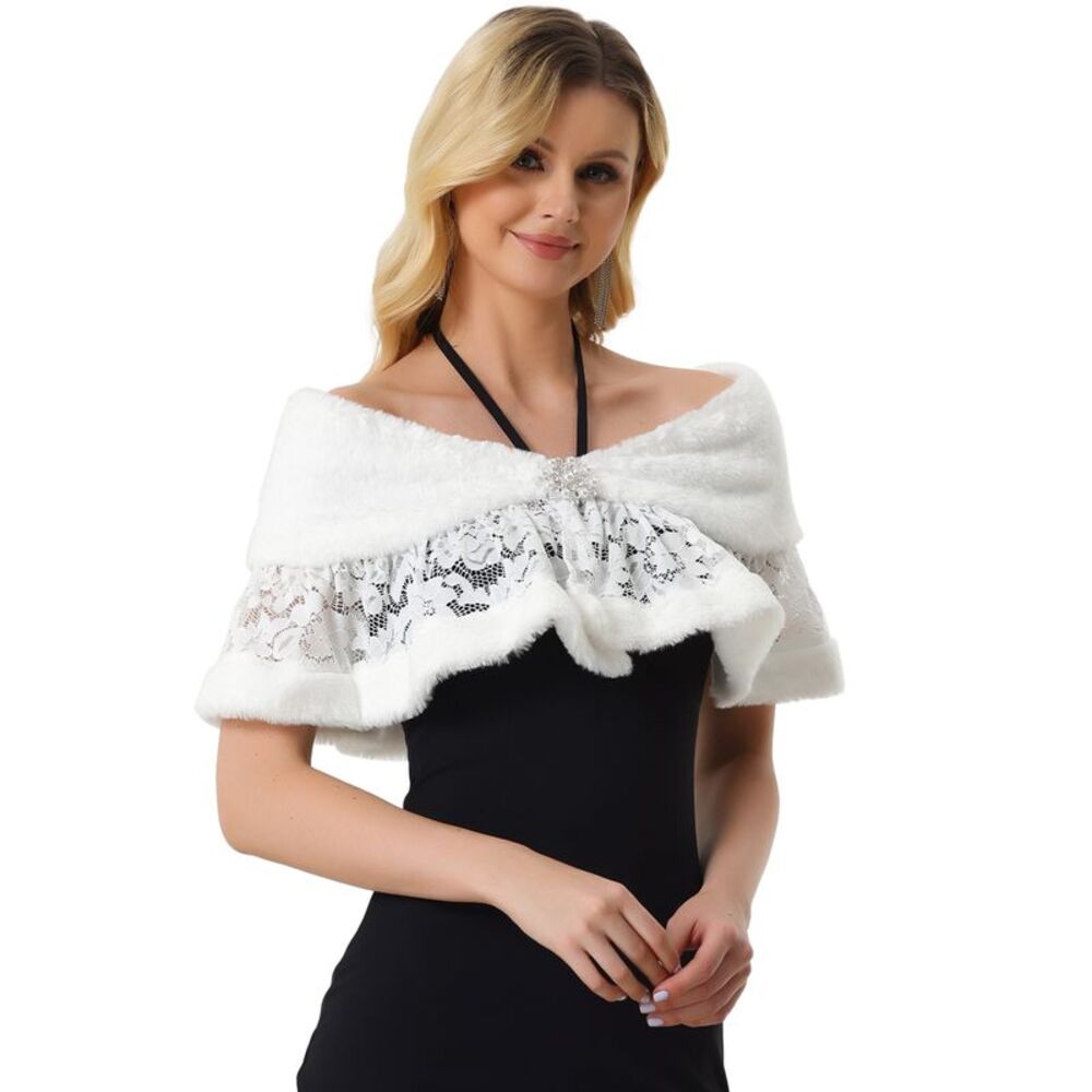 Wedding Cape for Dress Lace Trim Evening Faux Fur Shawl Shrug White